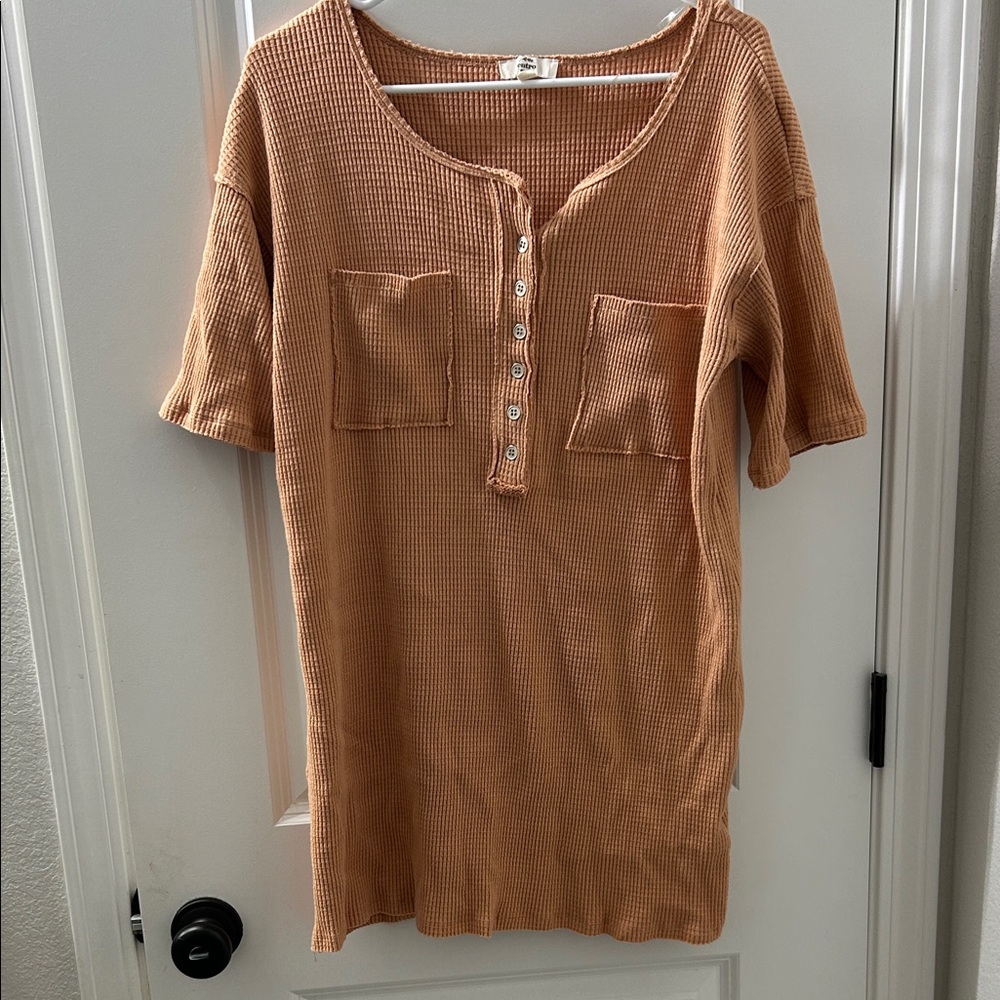 Entro Solid Waffle Knit Scoop Neck Short Sleeve Dress